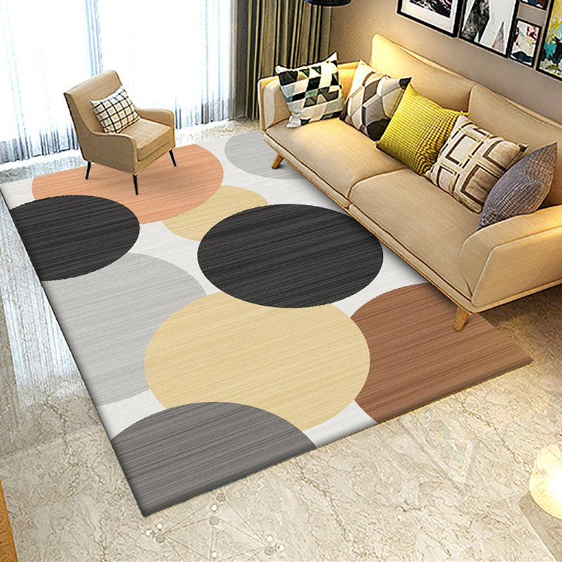 Modern living room rug in Ivory Geometric circle print rug Polyester stain resistant washable rug | Bowlift