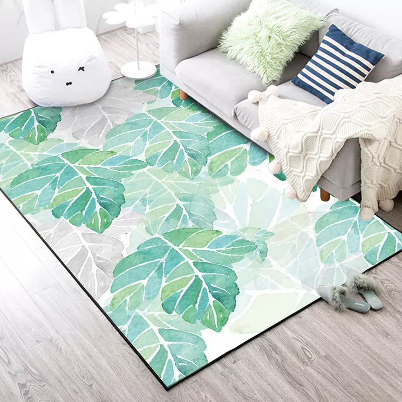 BowLift | Green and White Bedroom Carpet Tropical Botanical Leaf Pattern Area Rug Polyester Stain-Resistant Washable Rug