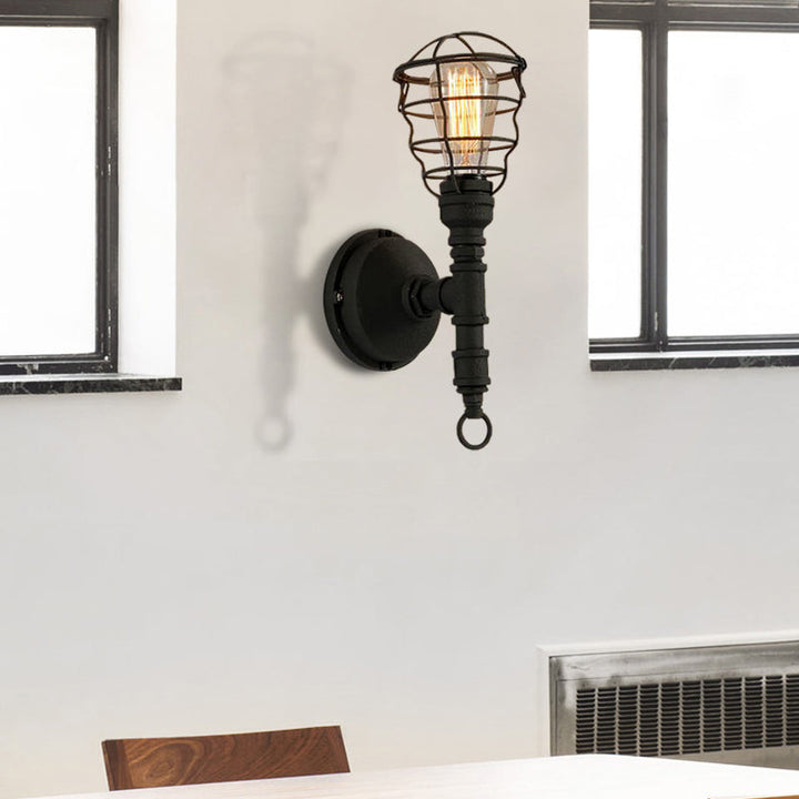 BowLift | Vintage Industrial Coated Wall Lamp 1 Light Metal Wall Mount Light with Water Pipe in Black for Dining Room