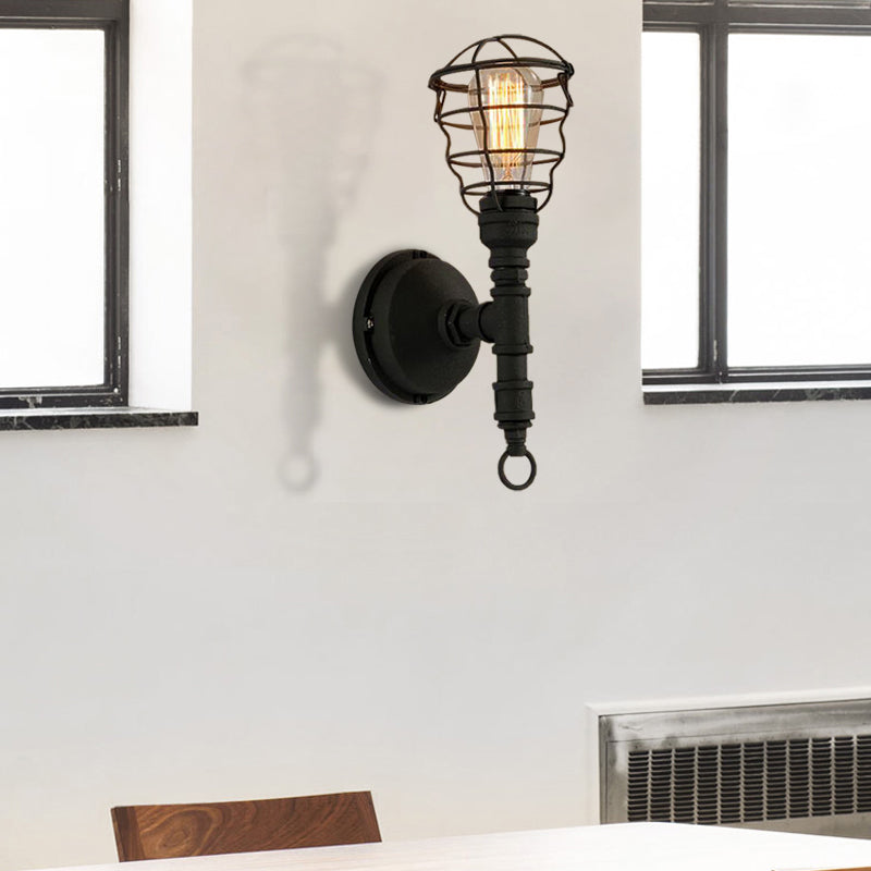 BowLift | Vintage Industrial Coated Wall Lamp 1 Light Metal Wall Mount Light with Water Pipe in Black for Dining Room
