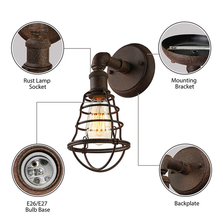BowLift | Wire Frame Iron Wall Lamp with Pipe Farmhouse 1 Head Dining Room Mini Wall Lamp in Rust