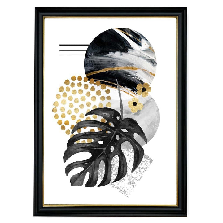 Black and Gold Abstract Leaves with Geometric Shapes Wall Art Print | Bowlift