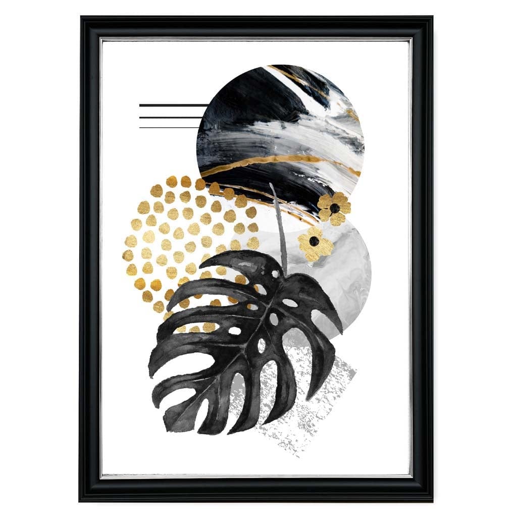 Black and Gold Abstract Leaves with Geometric Shapes Wall Art Print | Bowlift