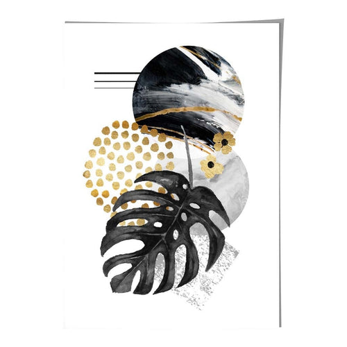 Black and Gold Abstract Leaves with Geometric Shapes Wall Art Print | Bowlift