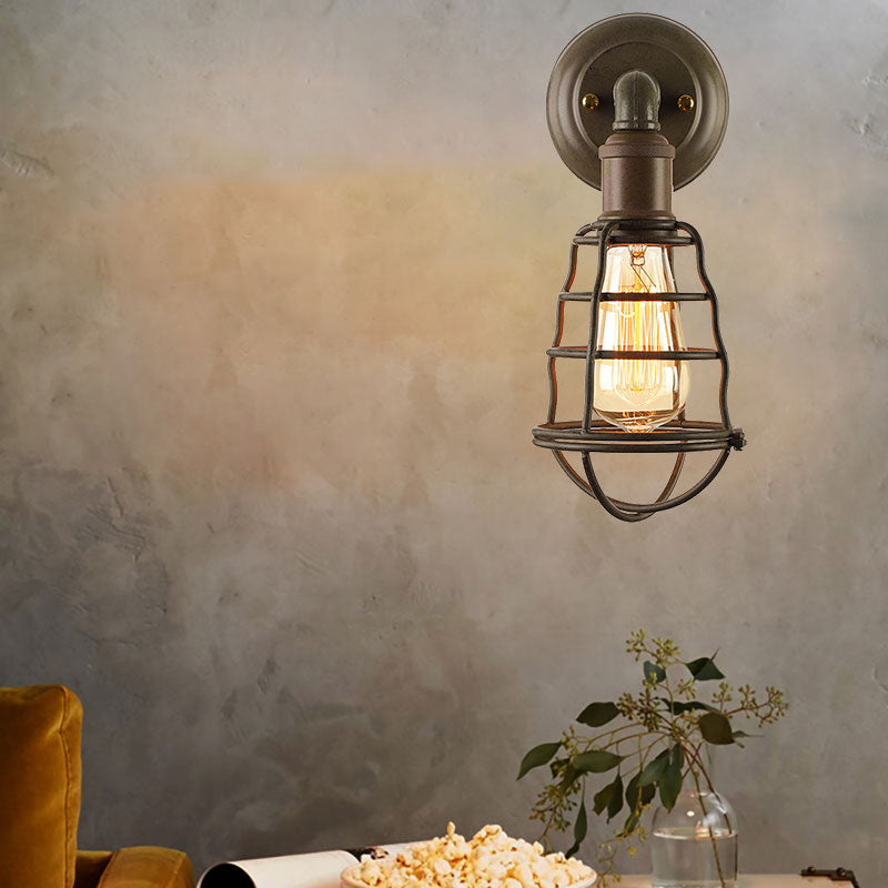BowLift | Rust Finish Mini Wall Lamp with Cage Shade Antique Style Iron 1 Light Farmhouse Wall Mount Lighting