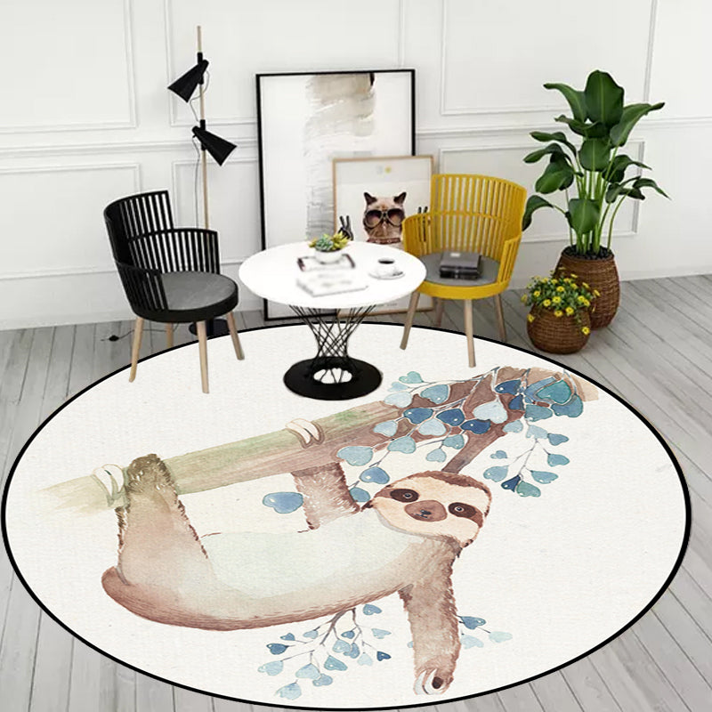 BowLift | Cute Kids Rug in White Animal Owl Rabbit Sloth Pattern Rug Polyester Non-Slip Washable Rug for the Children's Room