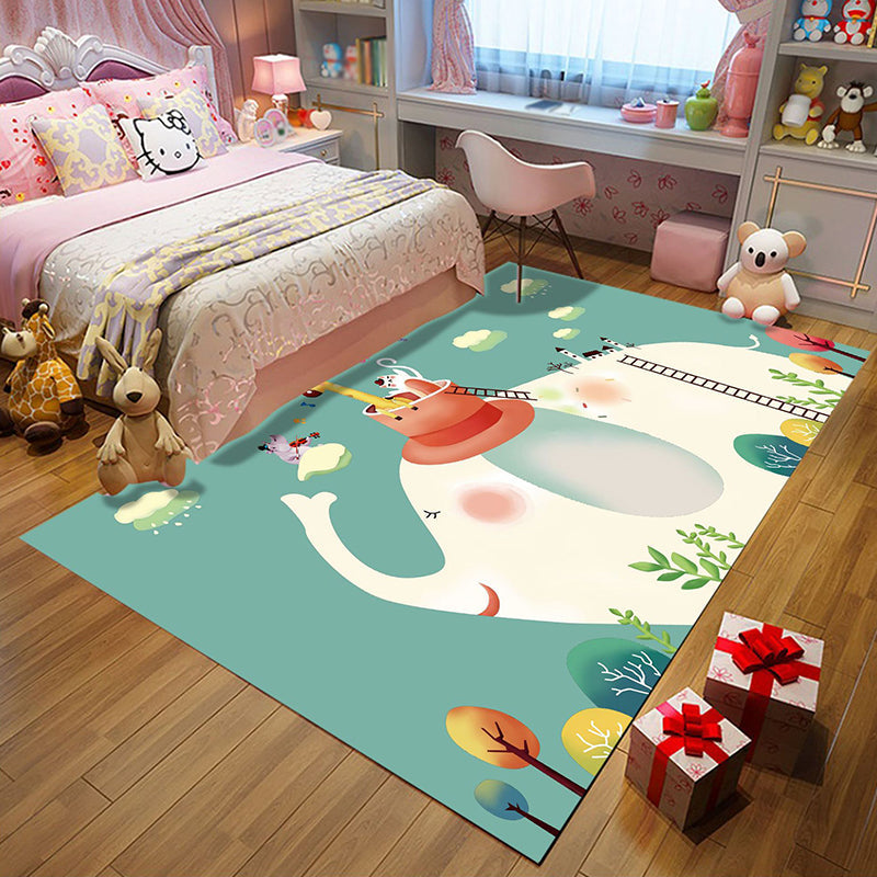 BowLift | Kids Bedroom Rug in Green Animal Elephant Tree Cloud Print Rug Polyester Machine Washable Rug