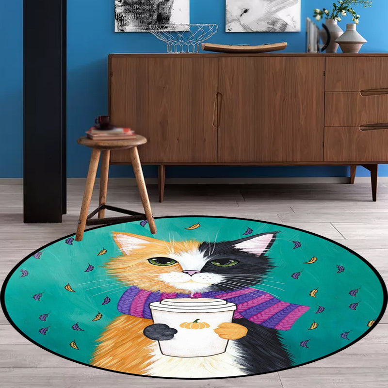 BowLift | Blue and Green Children's Room Rug Children's Animal Dress Cat Leaf Pattern Rug Polyester Washable Rug