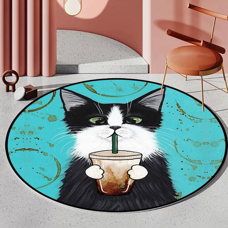 BowLift | Blue and Green Children's Room Rug Children's Animal Dress Cat Leaf Pattern Rug Polyester Washable Rug