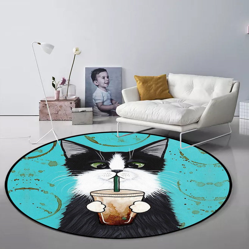 BowLift | Blue and Green Children's Room Rug Children's Animal Dress Cat Leaf Pattern Rug Polyester Washable Rug