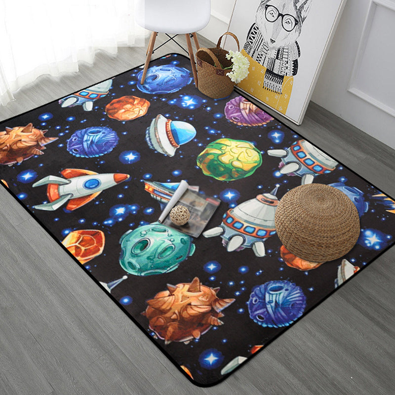 BowLift | Kids Children's Room Carpet in Blue and Black Space Spaceship Planet Print Carpet Polyester Machine Washable Carpet