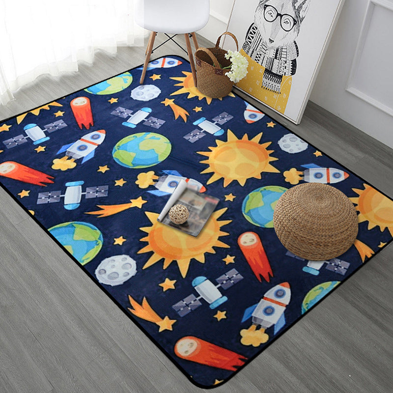 BowLift | Kids Children's Room Carpet in Blue and Black Space Spaceship Planet Print Carpet Polyester Machine Washable Carpet