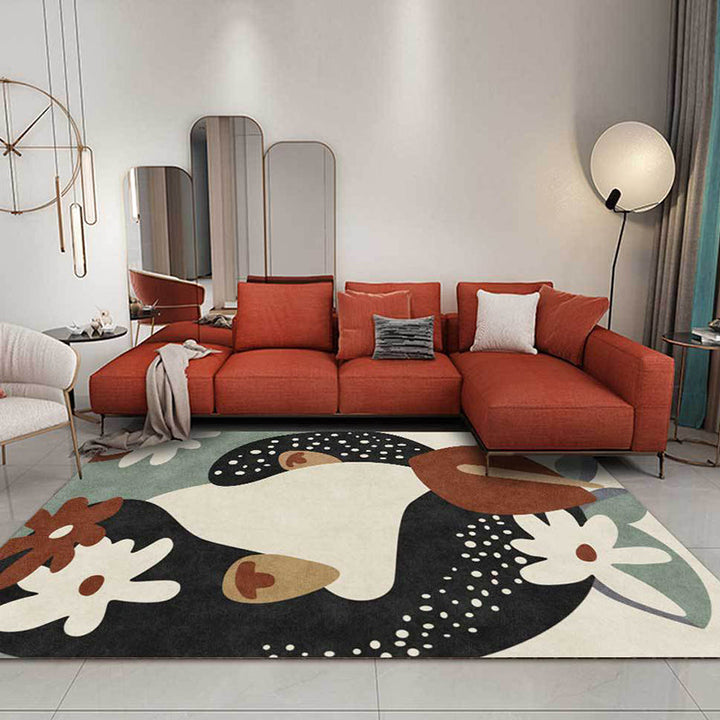 BowLift | Stylish children's rug in black and ivory flower leaf dot pattern rug polyester stain-resistant rug for the children's room