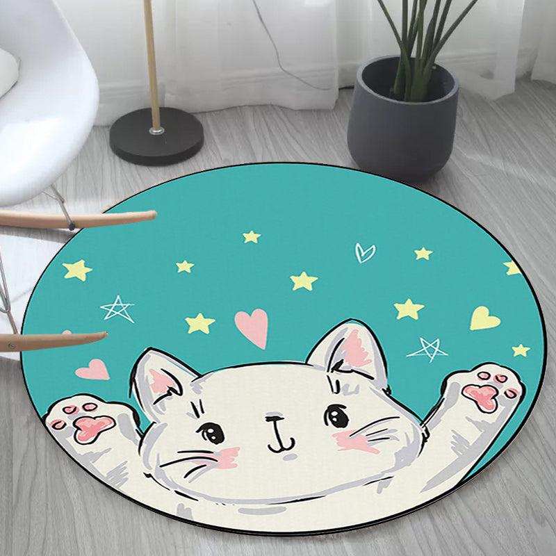 BowLift | Kids Room Rug in Green and Yellow Animal Cat Heart Star Print Rug Polyester Stain Resistant Area Rug