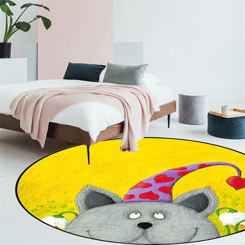 BowLift | Kids Room Rug in Green and Yellow Animal Cat Heart Star Print Rug Polyester Stain Resistant Area Rug