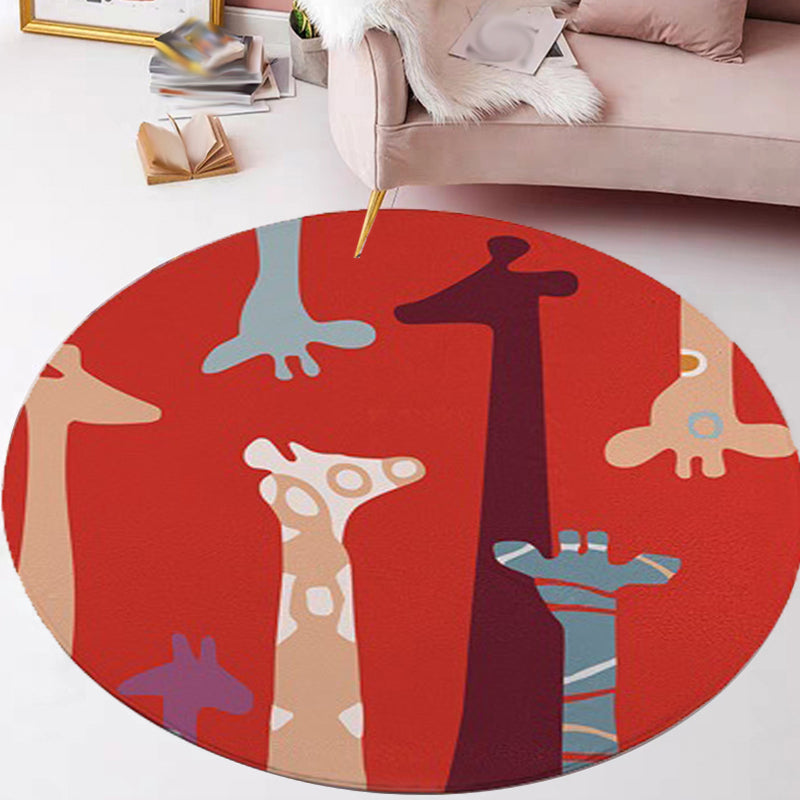 BowLift | Red and Yellow Children's Room Carpet Children's Animal Cat Bear Giraffe Pattern Area Rug Polyester Pet-Friendly Washable Carpet