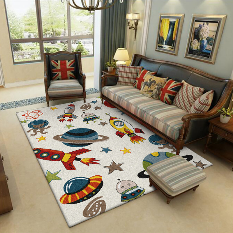 BowLift | Ivory Kids Room Carpet Kids Space Planet Star Rocket Pattern Carpet Polyester Pet-Friendly Carpet