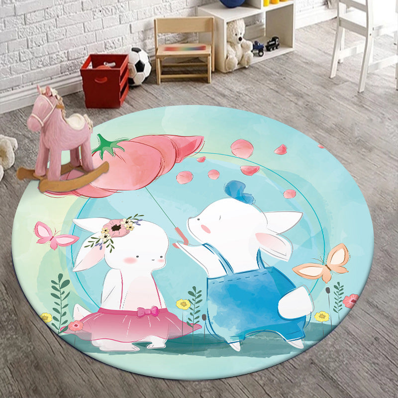 BowLift | Kids Bedroom Carpet in Blue Animal Elephant Rabbit Hedgehog Print Carpet Polyester Pet-Friendly Area Rug