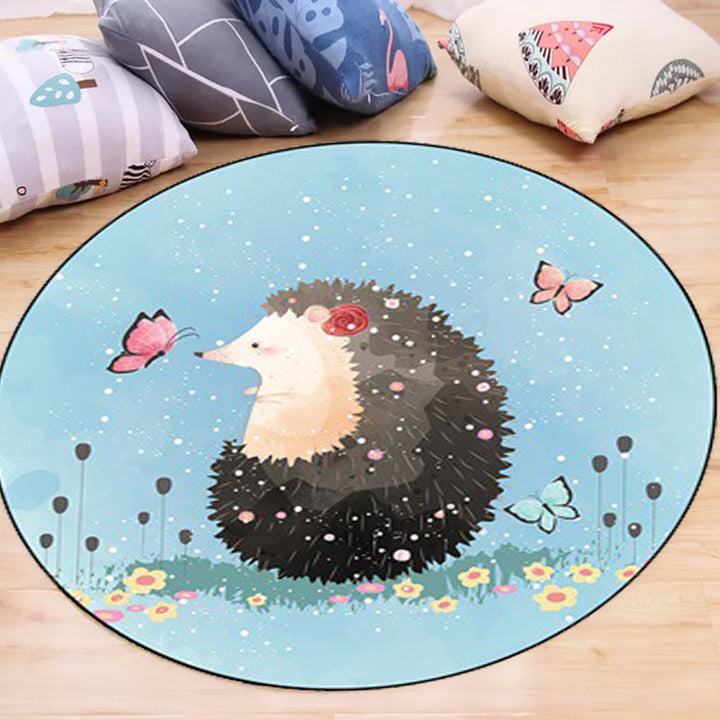 BowLift | Kids Bedroom Carpet in Blue Animal Elephant Rabbit Hedgehog Print Carpet Polyester Pet-Friendly Area Rug