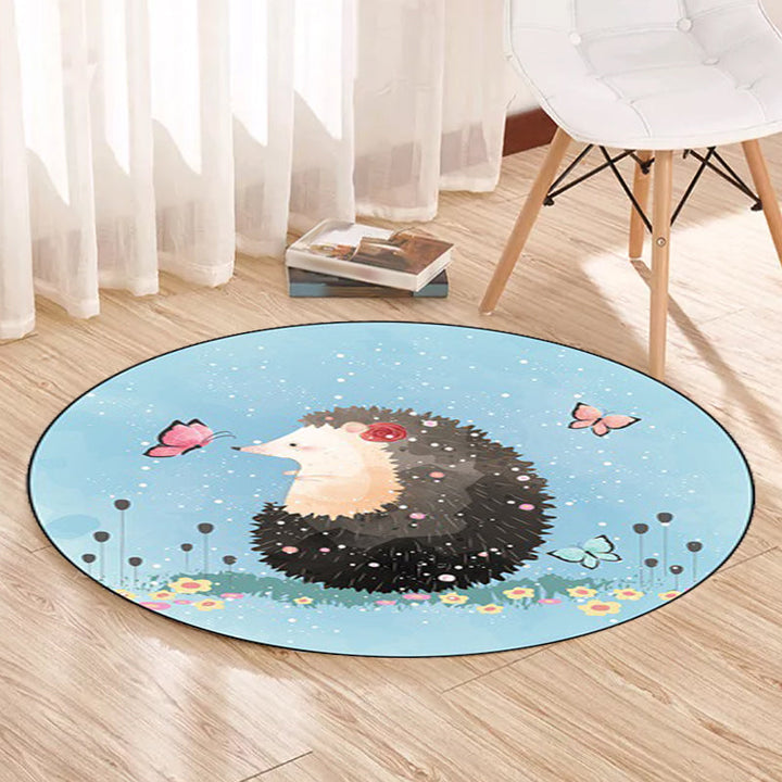 BowLift | Kids Bedroom Carpet in Blue Animal Elephant Rabbit Hedgehog Print Carpet Polyester Pet-Friendly Area Rug