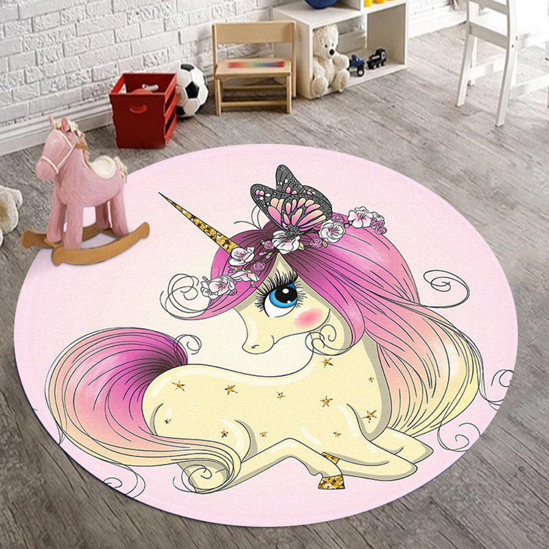 BowLift | Kids Bedroom Rug in Pink Animal Unicorn Butterfly Floral Print Rug Polyester Non-Slip Back Rug
