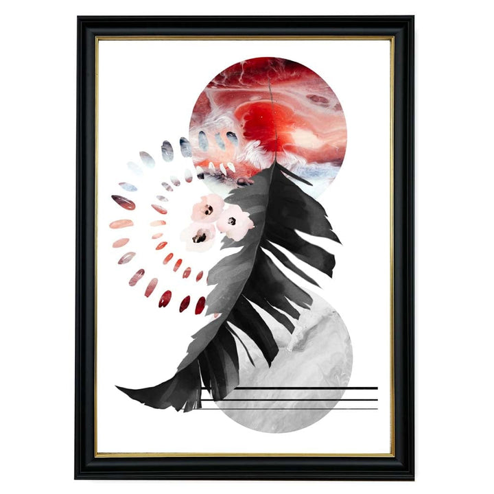 Black and red abstract leaf with geometric shapes wall art print | Bowlift