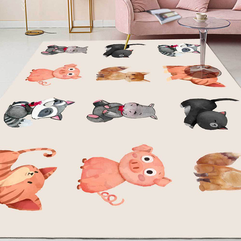 BowLift | Kids Bedroom Rug in Ivory Animal Dog Cat Pig Print Rug Polyester Non-Slip Back Area Rug