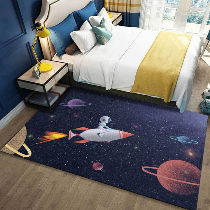BowLift | Kids Bedroom Carpet in Blue Outdoor Space Galaxy Rockets Astronaut Print Carpet Polyester Non-Slip Backing Area Rug