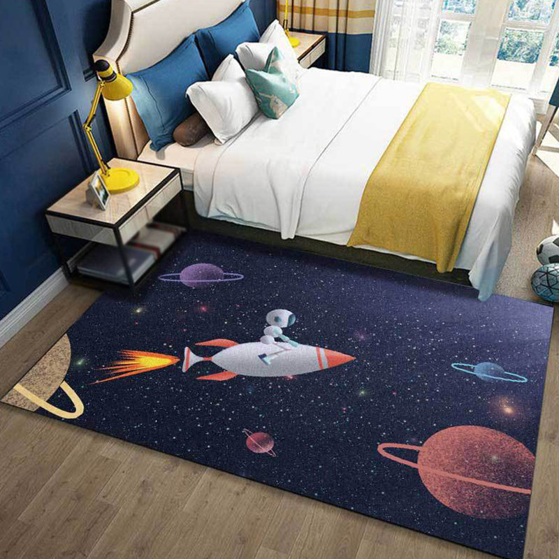 BowLift | Kids Bedroom Carpet in Blue Outdoor Space Galaxy Rockets Astronaut Print Carpet Polyester Non-Slip Backing Area Rug