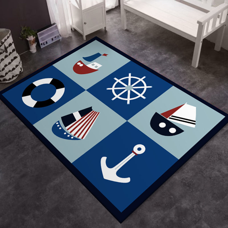 BowLift | Kids' Bedroom Carpet in Blue Cars & Roads Ship Anchor Steering Wheel Printed Carpet Polyester Machine Washable Carpet