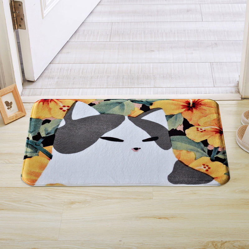 BowLift | Kids Children's Room Rug in Pink and Yellow Animal Cat Flower Pattern Rug Polyester Non-Slip Back Rug