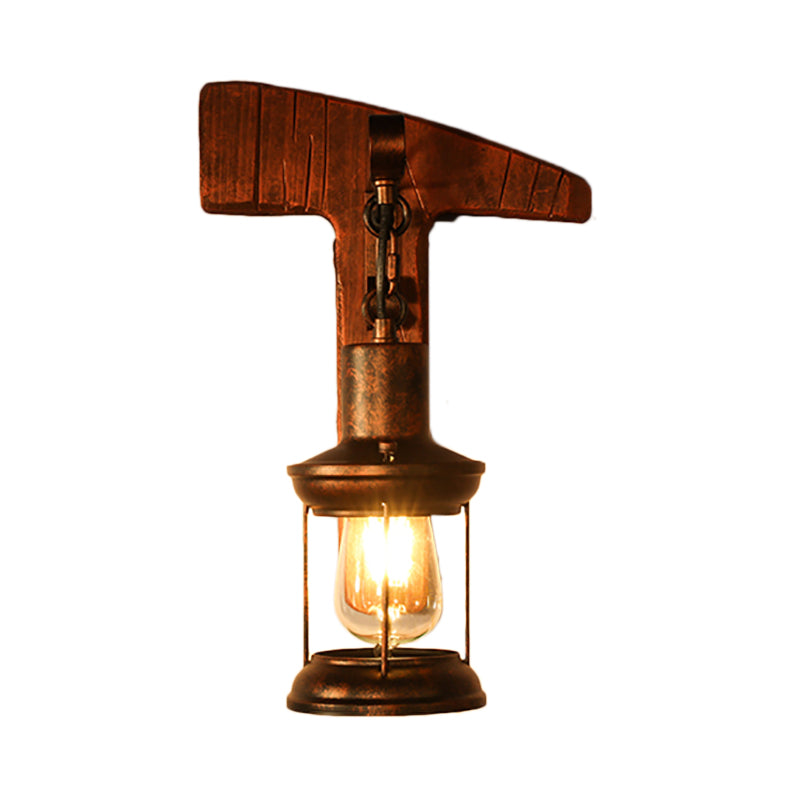 BowLift | Rust One-Light Wall Light Coastal Clear Glass Lantern Lighting Fixture with Wood Back Plate