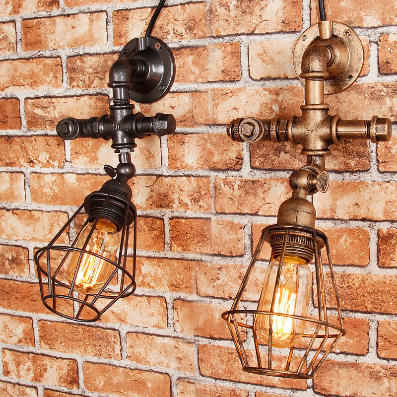 BowLift | Diamond Cage Iron Wall Mount Light with Pipe Design Industrial Style 1 Bulb Bedroom Wall Lighting in Antique Brass/Silver