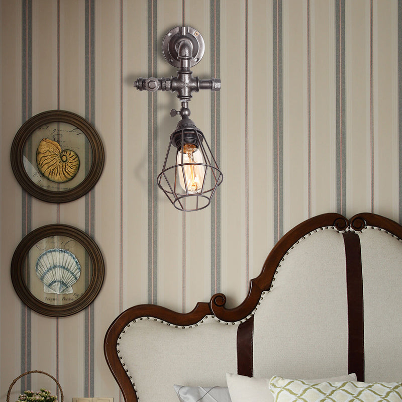BowLift | Diamond Cage Iron Wall Mount Light with Pipe Design Industrial Style 1 Bulb Bedroom Wall Lighting in Antique Brass/Silver