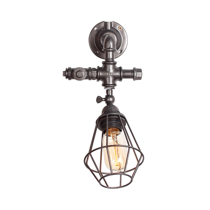 BowLift | Diamond Cage Iron Wall Mount Light with Pipe Design Industrial Style 1 Bulb Bedroom Wall Lighting in Antique Brass/Silver