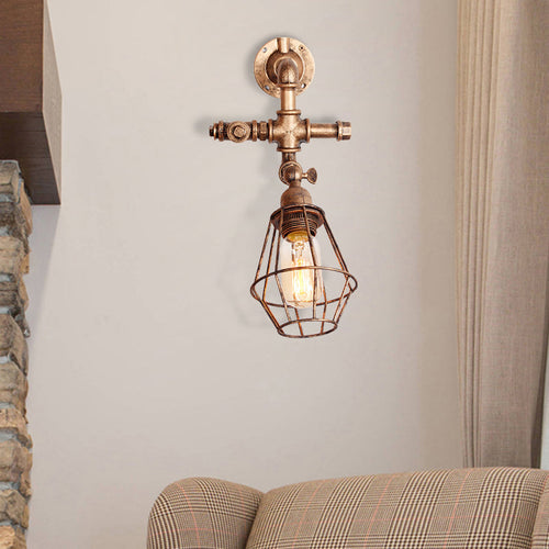 BowLift | Diamond Cage Iron Wall Mount Light with Pipe Design Industrial Style 1 Bulb Bedroom Wall Lighting in Antique Brass/Silver