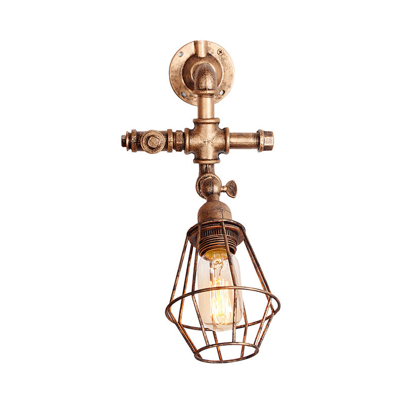 BowLift | Diamond Cage Iron Wall Mount Light with Pipe Design Industrial Style 1 Bulb Bedroom Wall Lighting in Antique Brass/Silver