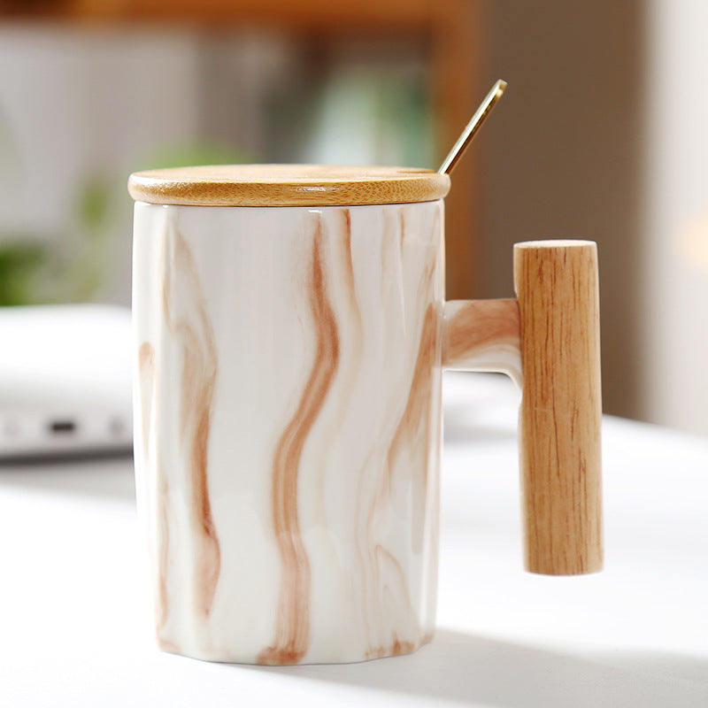 Ergonomic ceramic mug with solid wooden handle bamboo lid and metal spoon in gift box Bowlift