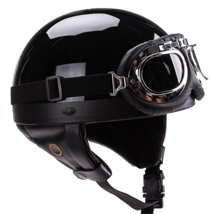 Vintage-Style Open-Face Motorcycle Helmet with Goggles Bowlift
