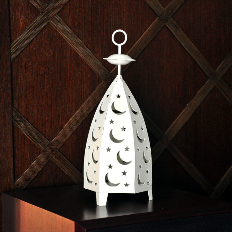 Decorative Moon & Star Metal Table Lantern with Cutout Panels Bowlift