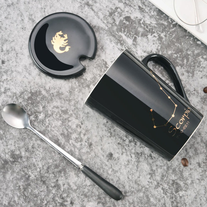 12 Constellations Black Ceramic Mug with Lid Spoon | Bowlift