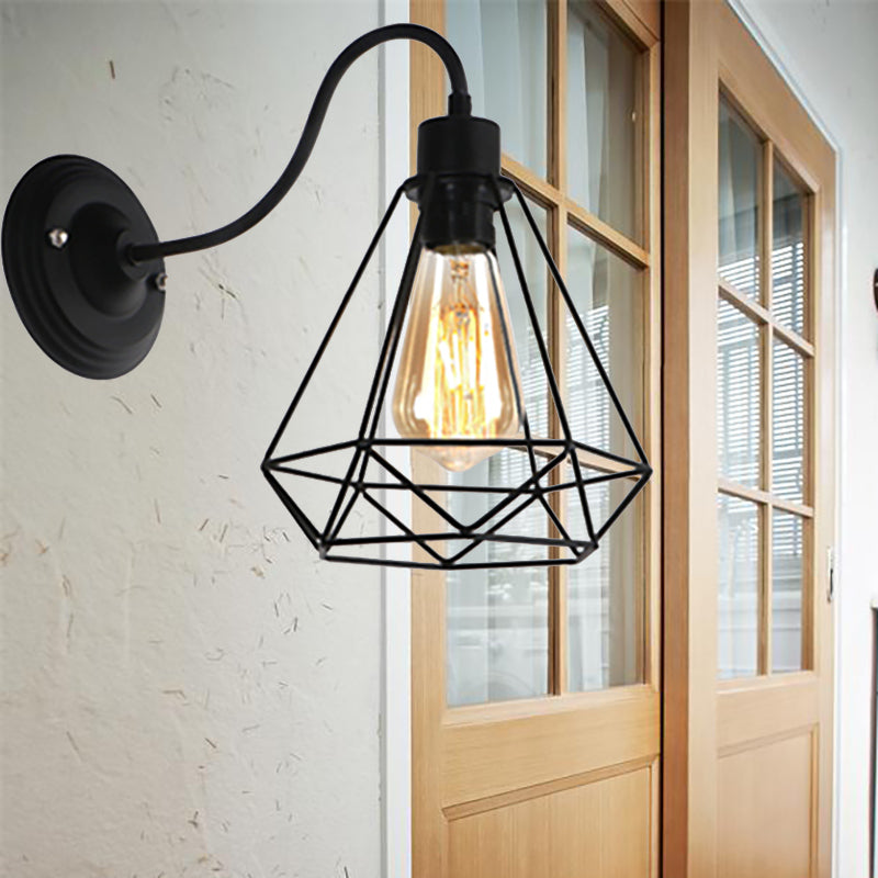 BowLift | Black 1 Light Wall Lamp Retro Style Metal Diamond/Star Wall Light with Cage Shade for Café