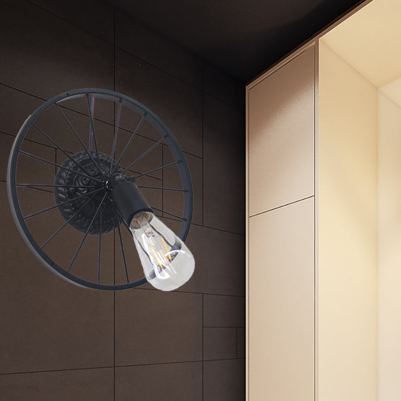 BowLift | Black/Bronze Wheel Design Wall Sconce Lamp with Open Bulb Farmhouse Style Metal 1 Light Restaurant Sconce Light