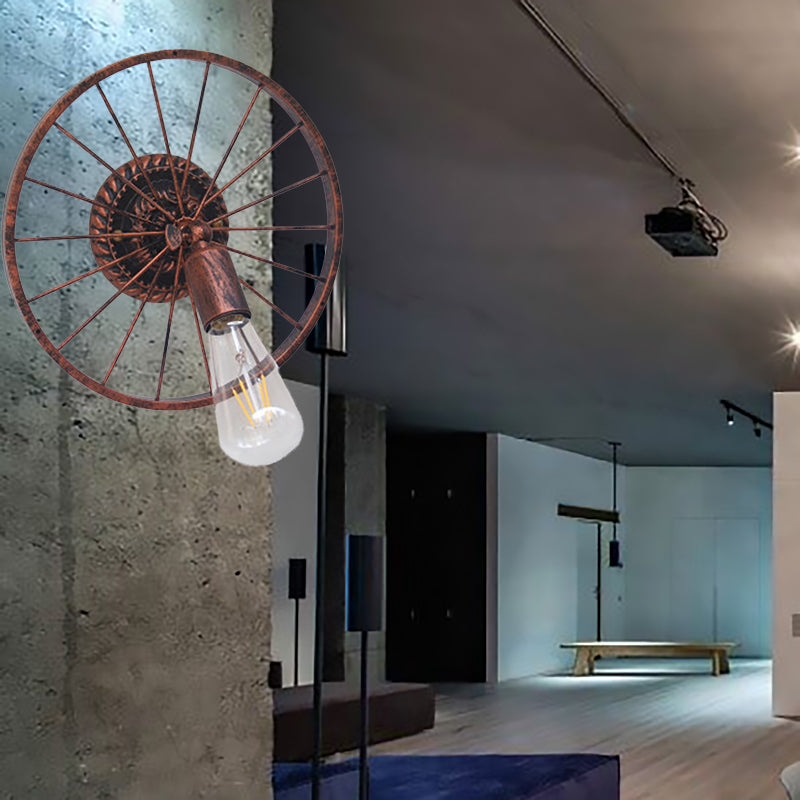 BowLift | Black/Bronze Wheel Design Wall Sconce Lamp with Open Bulb Farmhouse Style Metal 1 Light Restaurant Sconce Light