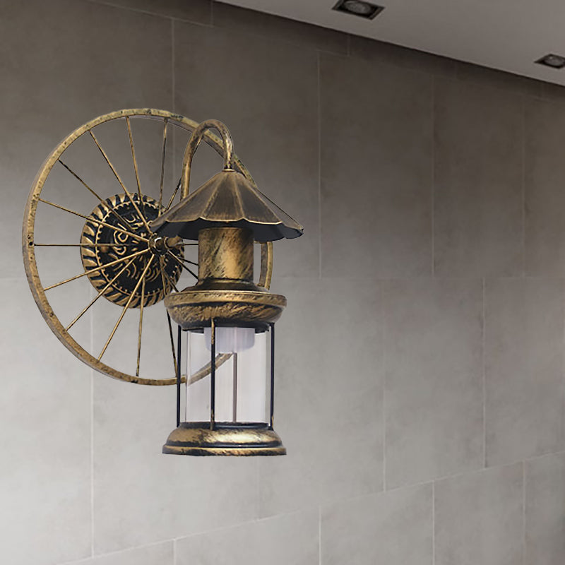 BowLift | Black/Bronze Lantern Wall Lamp Vintage Industrial Metal 1 Lighting Restaurant Wall Lamp with Wheel Decoration