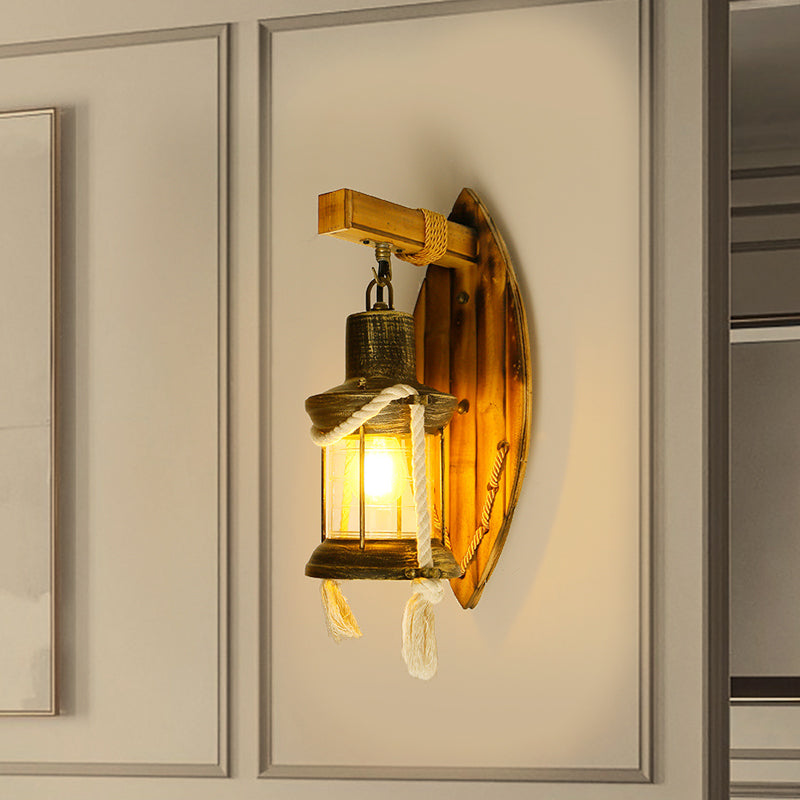 BowLift | Single Bulb Wall Light Sconce Rustic Style Lantern Clear Glass Wall Mounted Lamp in Antique Bronze