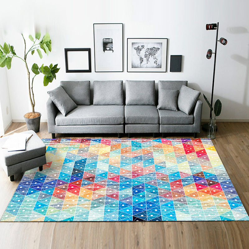 Casual modern rug in blue and gray geometry rectangle-triangle pattern rug polyester washable rug for home decoration | Bowlift