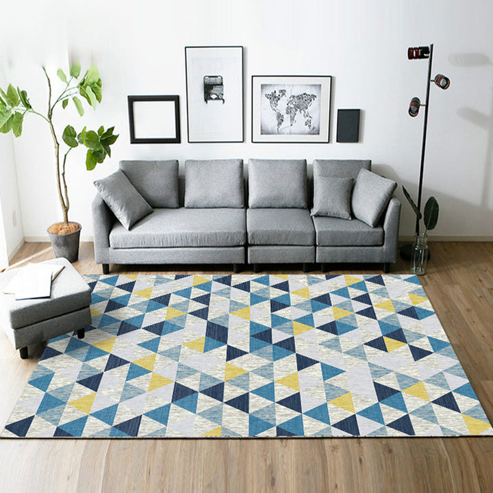 Casual modern rug in blue and gray geometry rectangle-triangle pattern rug polyester washable rug for home decoration | Bowlift