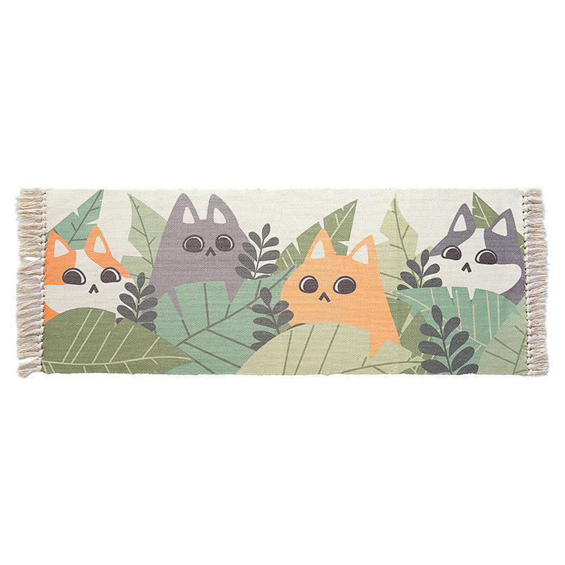 BowLift | Green and ivory children's rug Kids Animal Cat Fish Pattern Area Rug Cotton Pet-friendly Carpet with Fringe