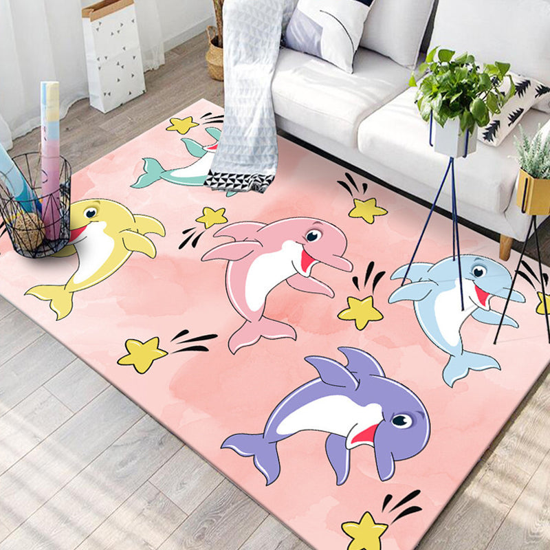 BowLift | Kids Children's Room Rug in Blue and Pink Animal Cat Rabbit Dolphin Print Rug Polyester Pet-Friendly Area Rug